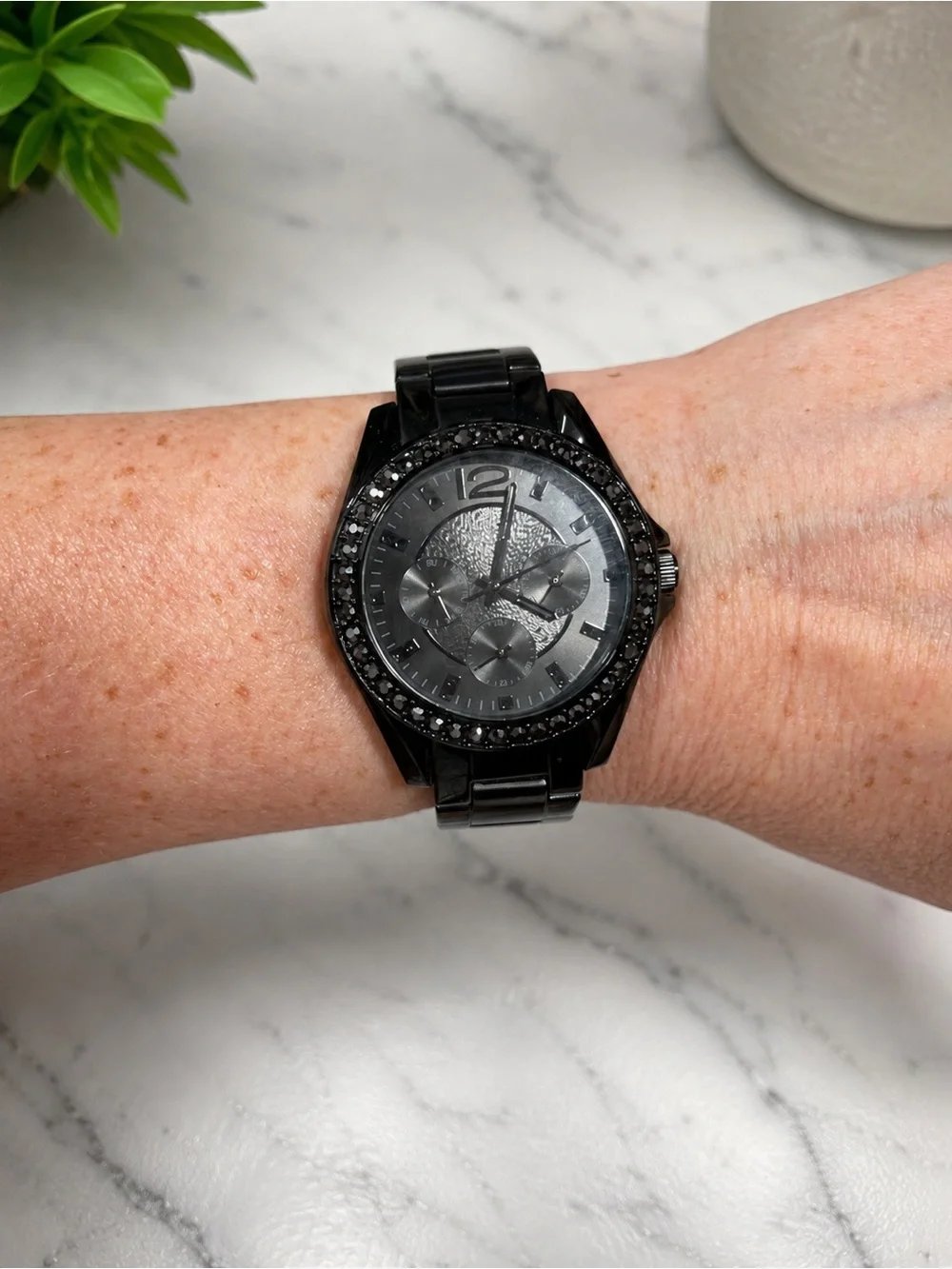 Black Alloy Chronograph Watch with Crystal Bezel